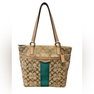 Coach Signature Stripe Tote in Khaki and Emerald Green